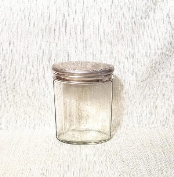 Silverplated Lid With Pretty Floral Vintage Clear Glass Jar Exceptional For Vintage Cottage Or Farmhouse Decor Always FREE Domestic SHIPPING