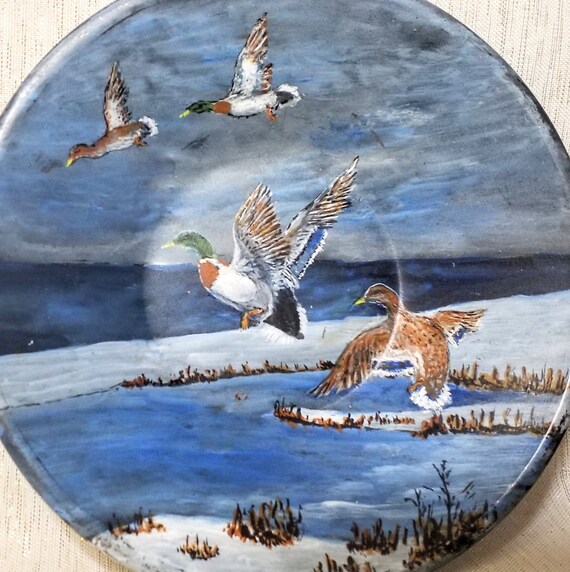 Mallard Duck Scene Design Handpainted Steel Bowl Labeled On Back Exceptional Detail Excellent Wild Life Decor Always FREE Domestic SHIPPING