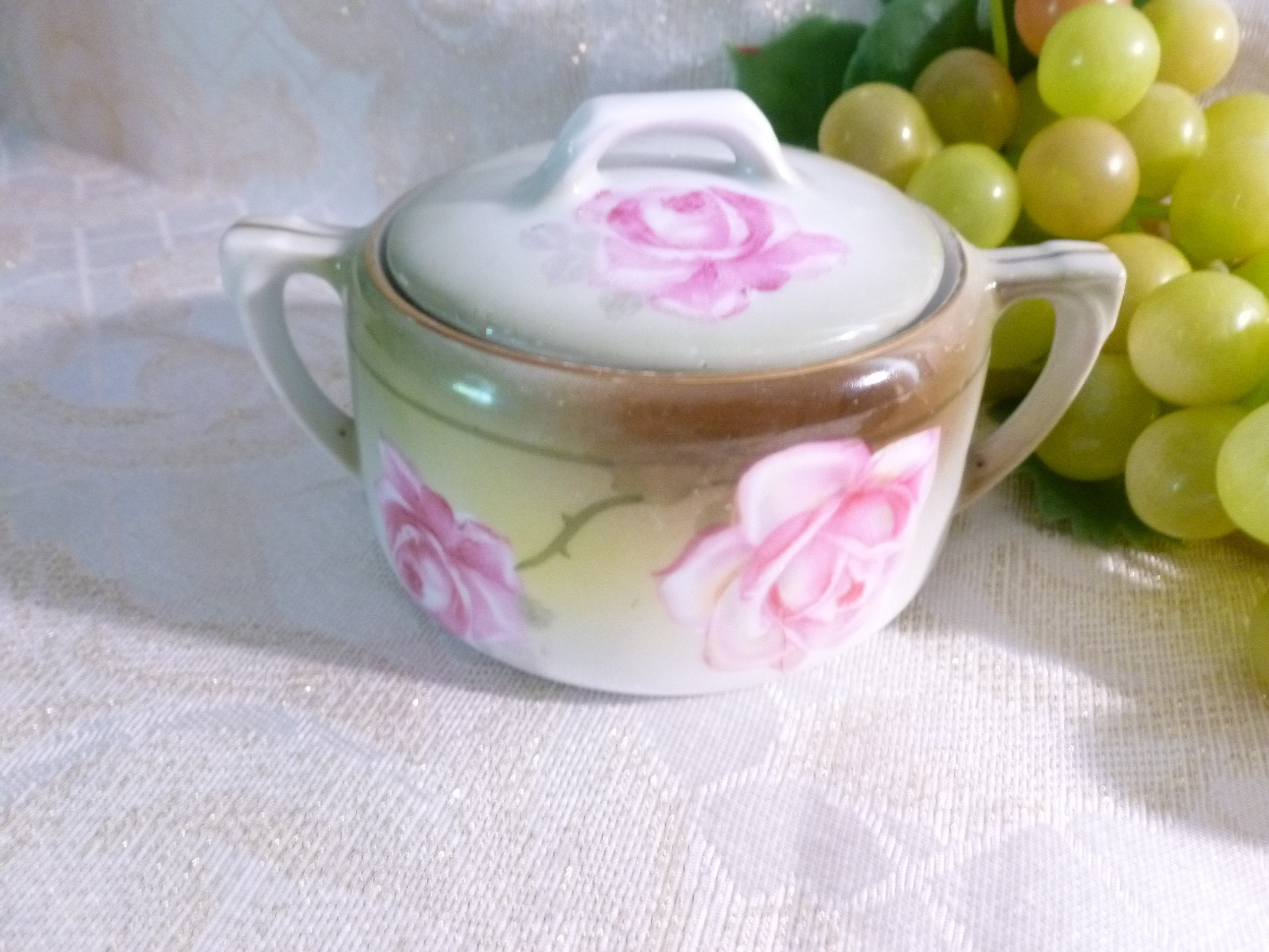 Lid With And Tillowitz Prussia Germany Pink Beautiful Reinhold Hand Sugar Rose Schledgelmilch Porcelain Bowl Creamer Silesia Painted