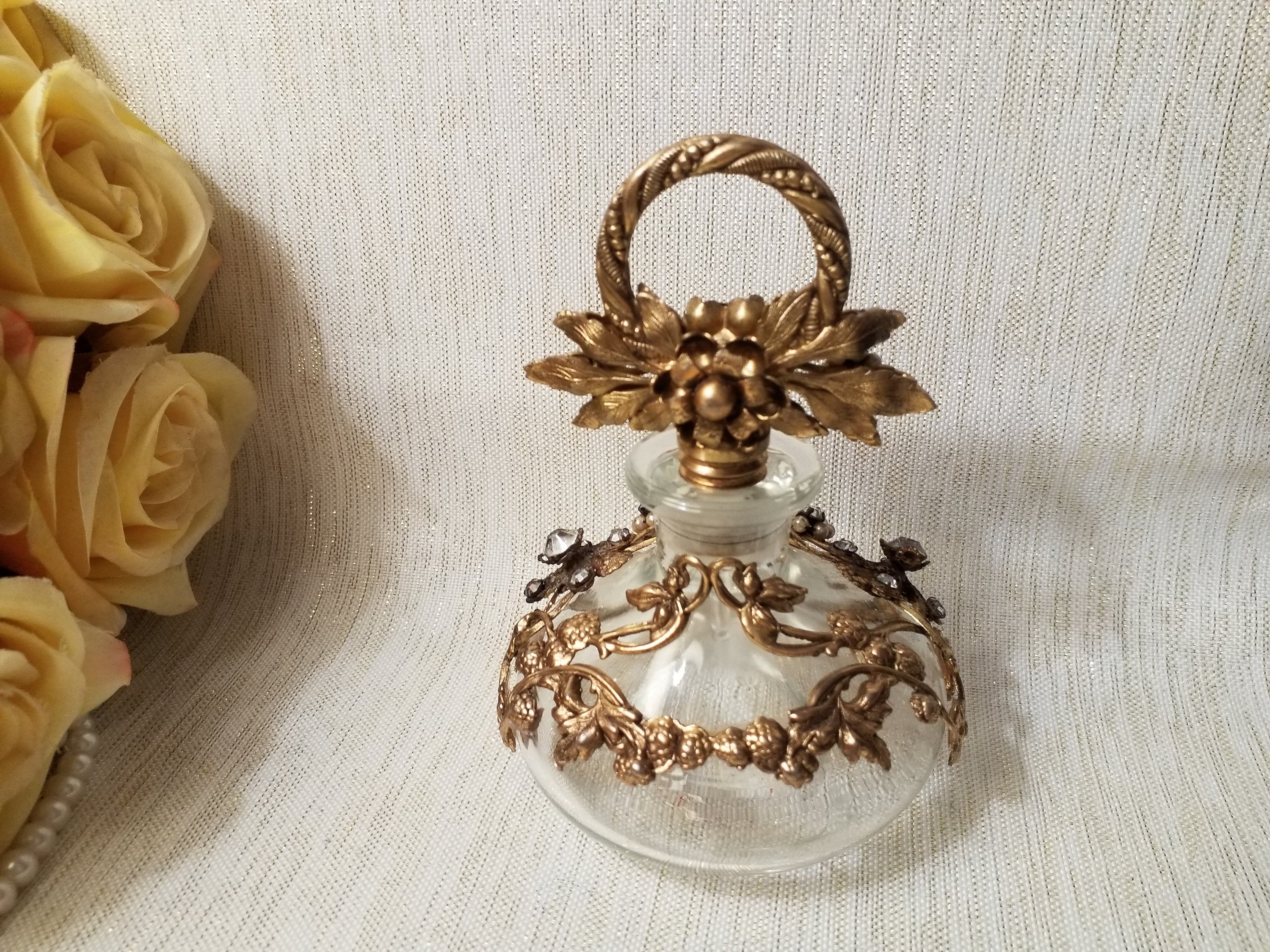 Vintage Globe Perfume Bottle Rhinestone And Pearl Trim Weighted Dauber