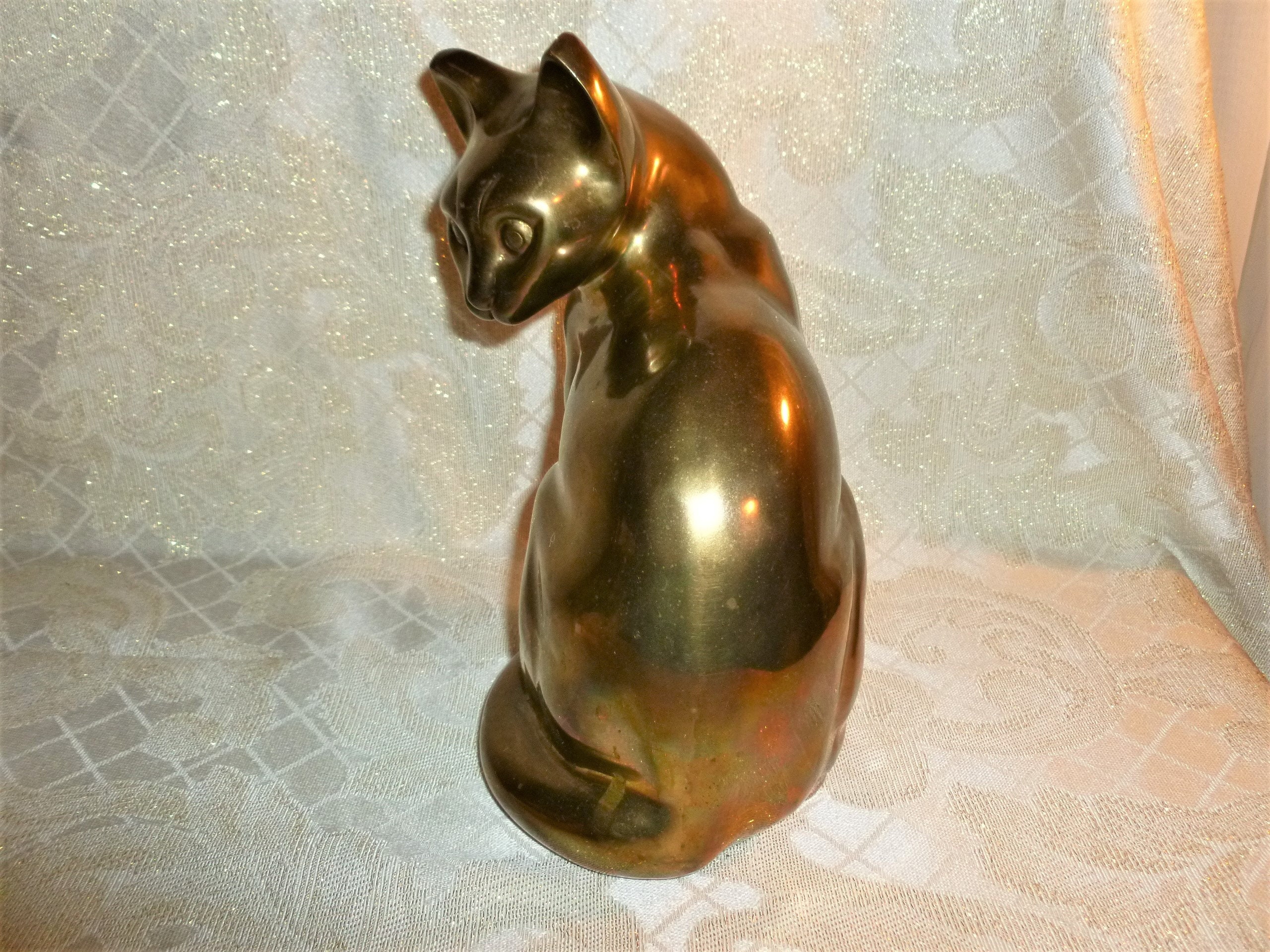 Vintage Large Brass Cat With Excellent Detail Classic Cat Expression