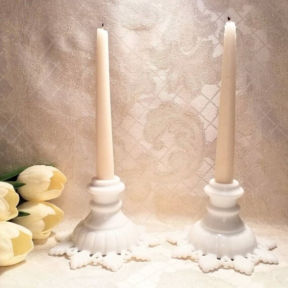 Milk Glass Vintage Candlestick Holders Beautiful Design For Weddings Special Occasions Or Romantic Dinners Always FREE Domestic SHIPPING