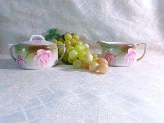 Prussia Reinhold Schledgelmilch Silesia Tillowitz Germany Beautiful Porcelain Hand Painted Pink Rose Creamer And Sugar Bowl With Lid