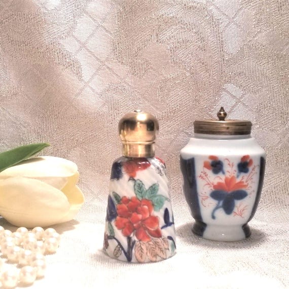 Vintage Gaudy Welsh Porcelain Pottery Pepper Bottle And Scent Bottle With Brass Lids Beautiful Floral Patterns Always FREE Domestic SHIPPING