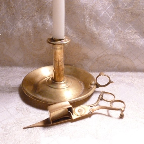 Farmhouse Style Antique Candlestick Holder And Snuffer Scissors Both Collectible Antique Brass Aways FREE Domestic SHIPPING