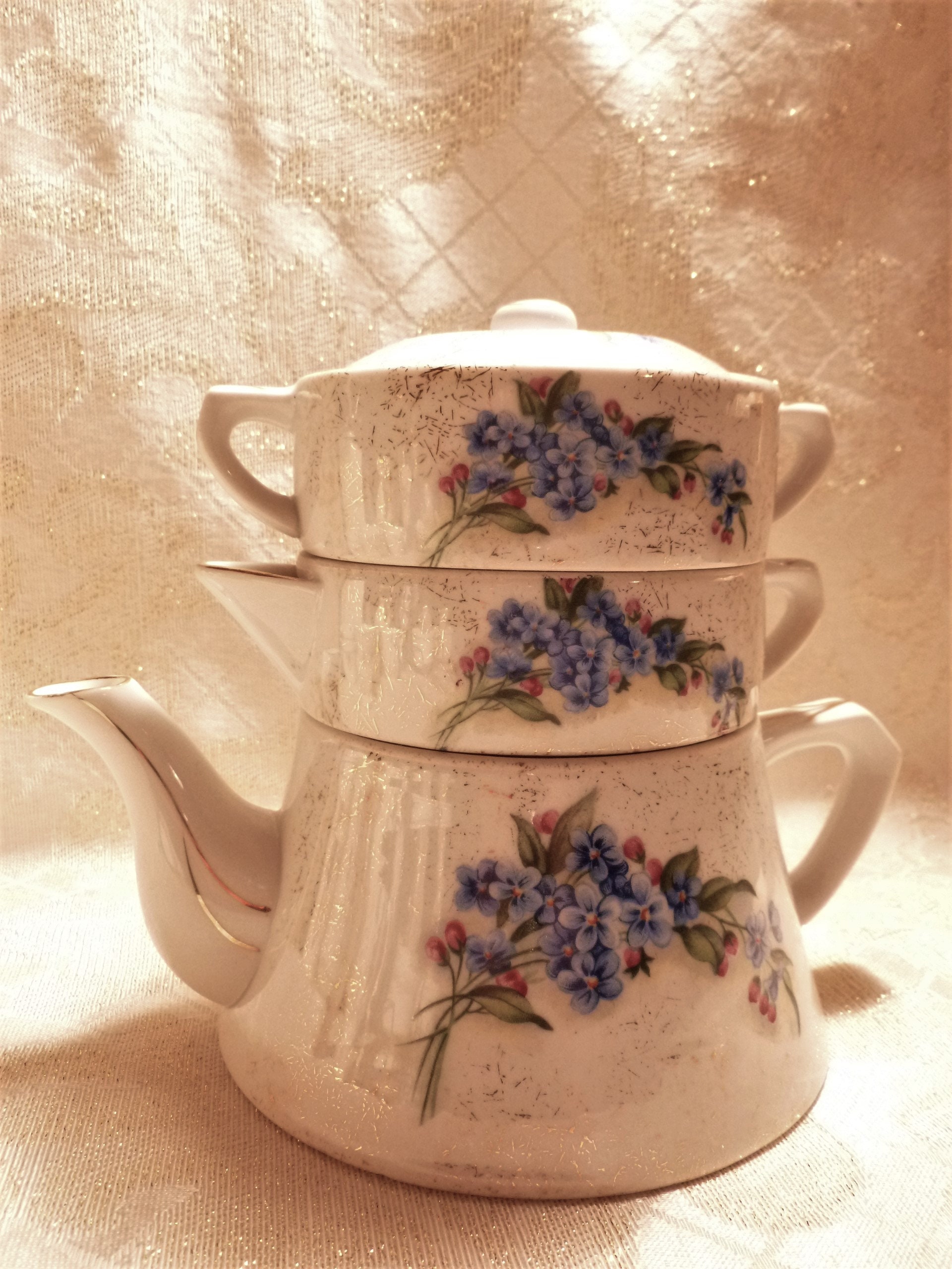 Teapot Stackable Trio Teapot Creamer Sugar Bowl With Lid Beautiful Blue