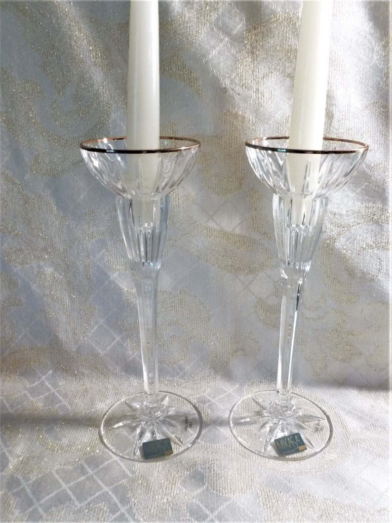 Vintage Mikasa Tall Cut Crystal Candlestick Holders Gold Trim Etsy