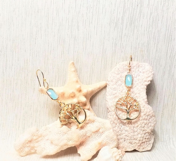 Earrings Handcrafted By Carmel Collectibles Elegant Tree Of Life Design With Sky Blue Tops And Always FREE Domestic SHIPPING
