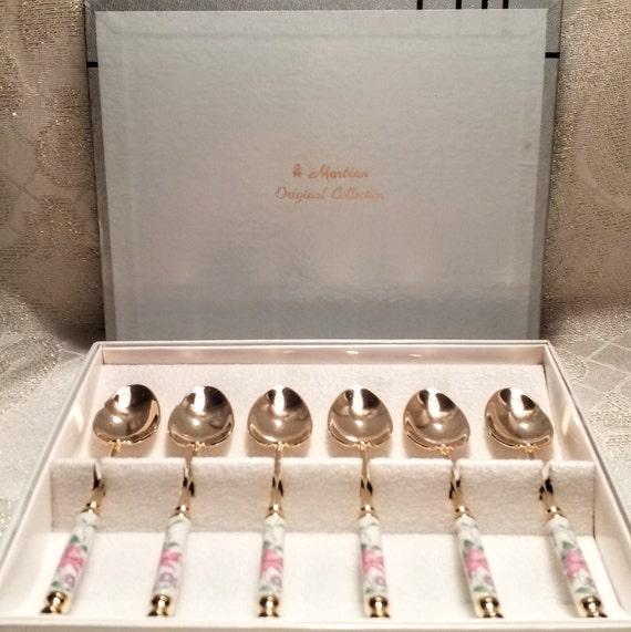 Vintage Martian Espresso Or Dessert Spoons Gold Plated Spoons Elegant Porcelain Floral Handle Original Box Always FREE Domestic SHIPPING