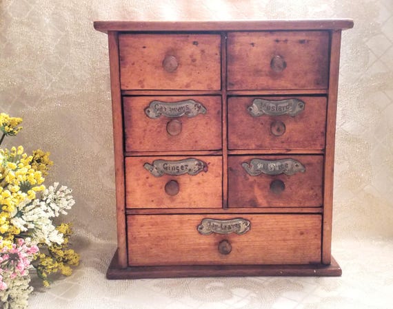 Antique Country Farmhouse Wooden Collectible Spice Chest Label Spice Plates In Metal With Seven Drawers Always FREE Domestic SHIPPING