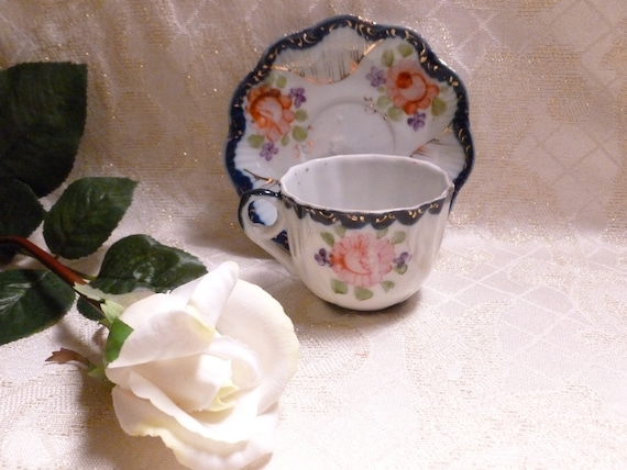 Porcelain Bone China Demi Size Cup And Saucer Beautiful Floral Pattern Gold And Cobalt Blue Trim Perfect Gift Always FREE Domestic SHIPPING