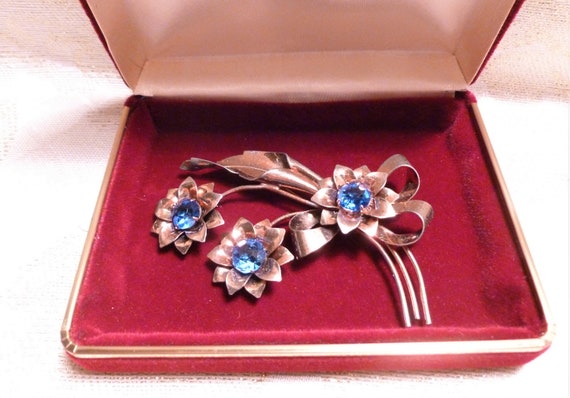 Beautiful 1940s Brooch Sterling Silver With Gold Wash And Vermeil Finish Elegant Blue Rhinestones Flowers Always FREE Domestic SHIPPING