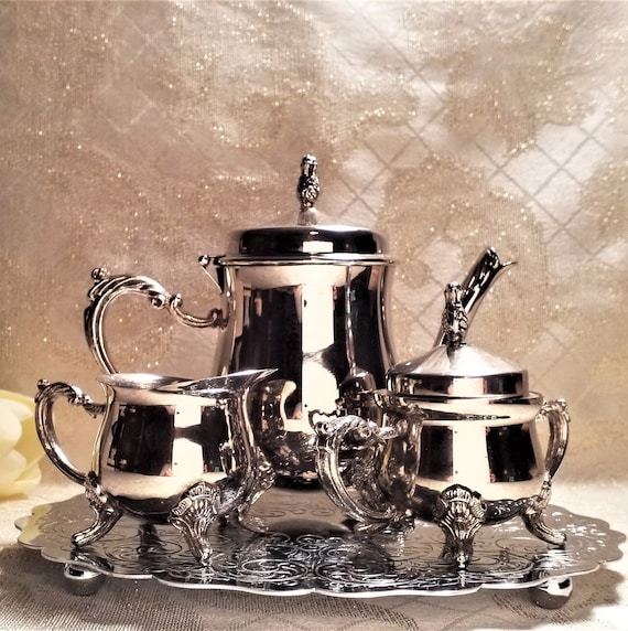 Vintage Silverplate Single Serve Tea Set With Trivet Single Cup Or Childs Set Elegant Style Beautiful Display Always FREE Domestic SHIPPING