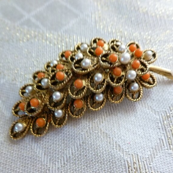 Vintage Large Brooch With Mini Pearl And Coral St… - image 3