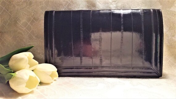 Authentic Eel Skin Black Purse Beautiful Classic With Long Strap Folds In To Adapt To Clutch Style Accessory Always FREE Domestic Shipping