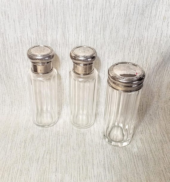 Silverplated Lids With Floral Trim On Antique Glass Panel Bottles Set Of 3 For An Exceptional Vanity Display Always FREE Domestic SHIPPING