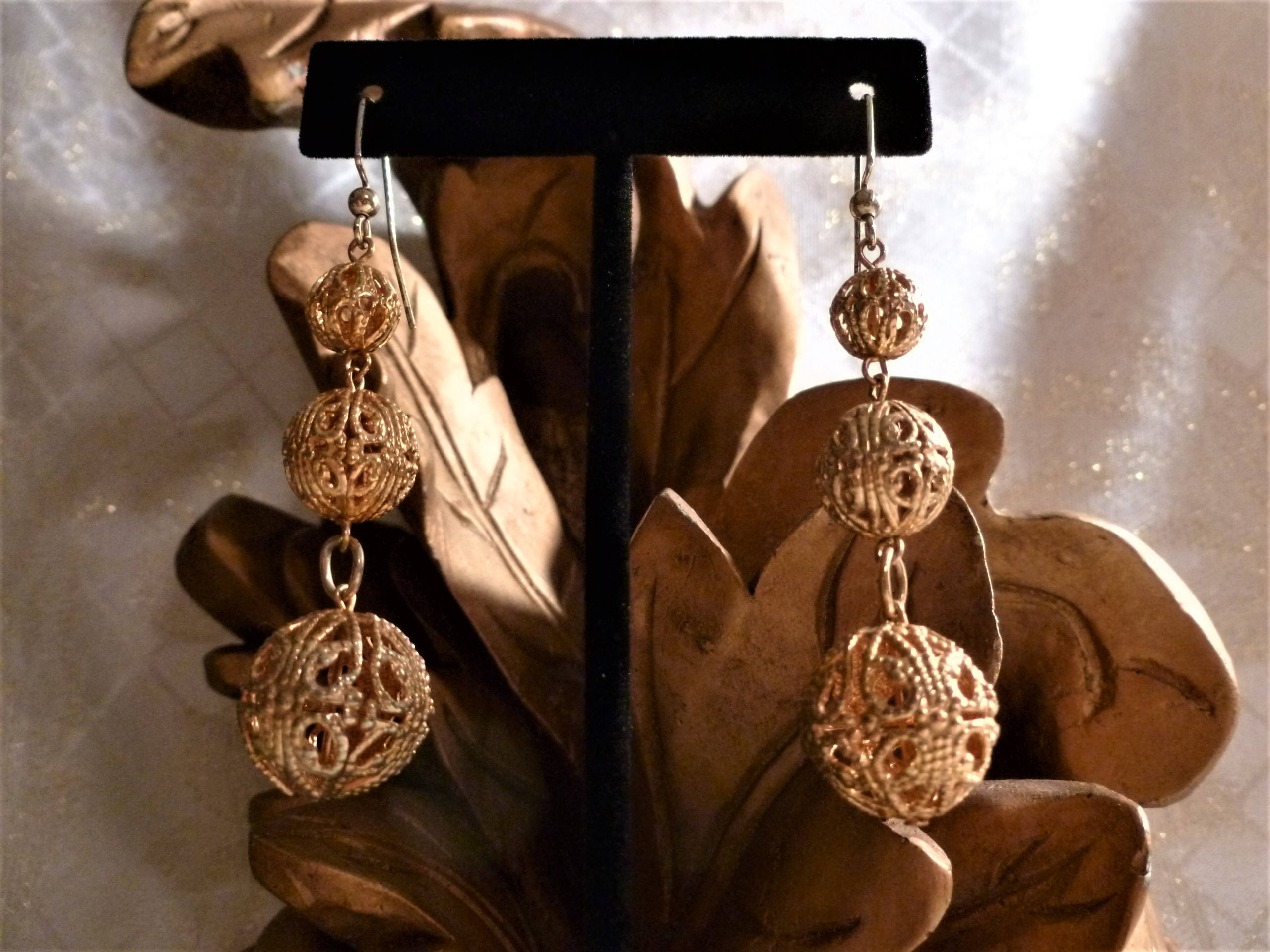 Beautiful Intricate Golden Filigree Sphere Earrings Graduating Size