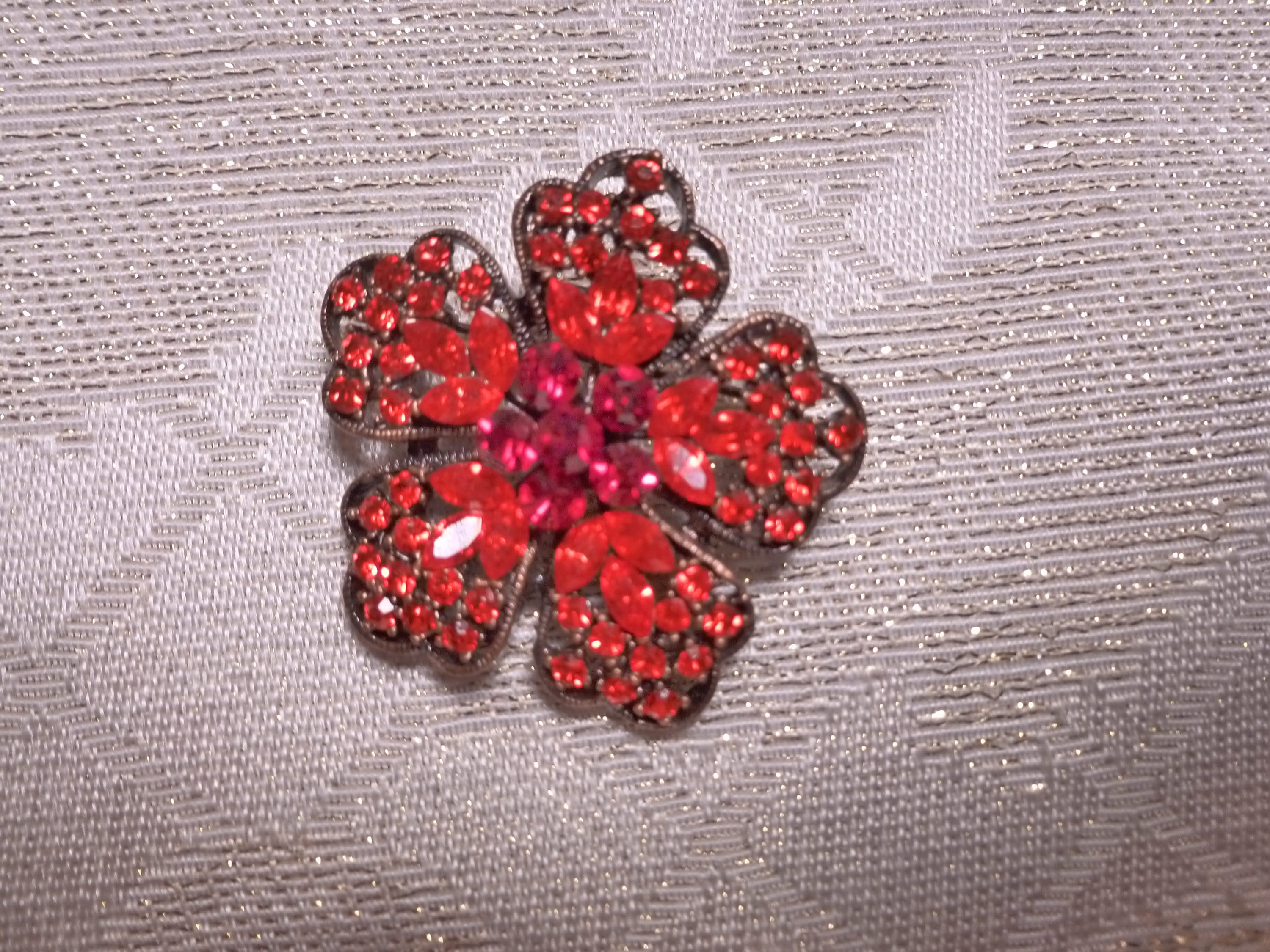 Bright Red Floral Brooch Elegant Crystals And Rhinestones Copper