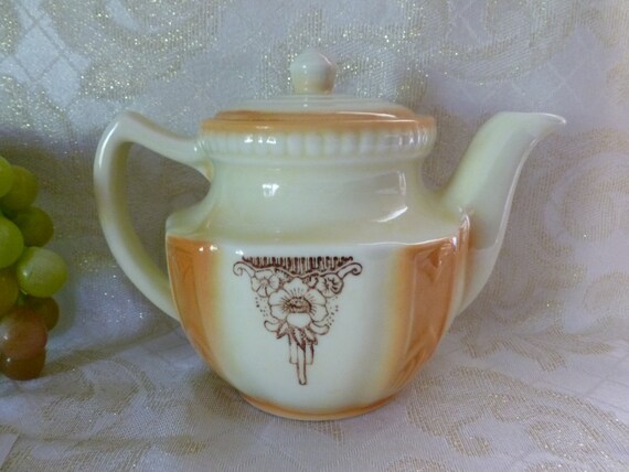Carmel Collectibles Offers A Beautiful Porcelain Teapot 1940s Retro Design Vitreous China Made In USA Embossed Simplistic Pattern Three Cup