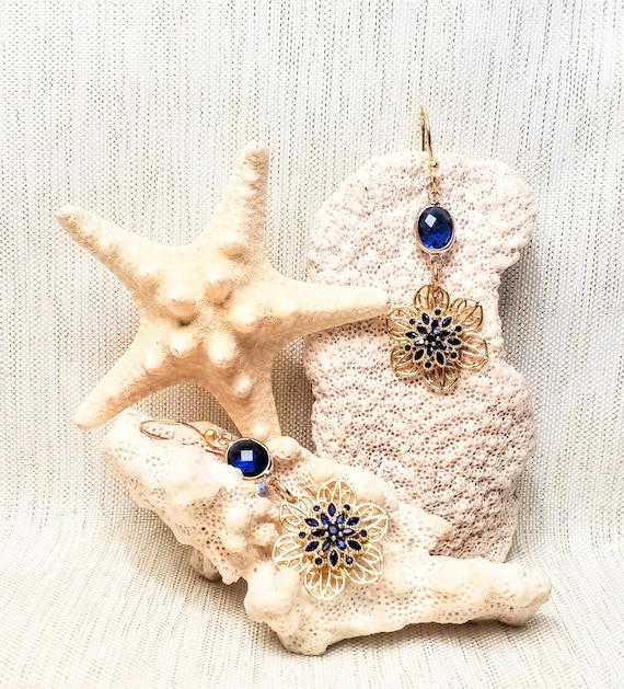 Filigree Flower Earrings Blue Crystal Gold Plated Wires Always FREE Domestic SHIPPING