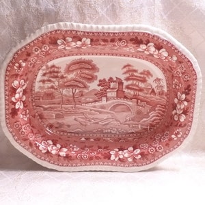 Spodes Tower Country Design Vintage Transferware Red Hallmark Dishware Red And White Rectangle Serving Bowl Always FREE Domestic SHIPPING image 4