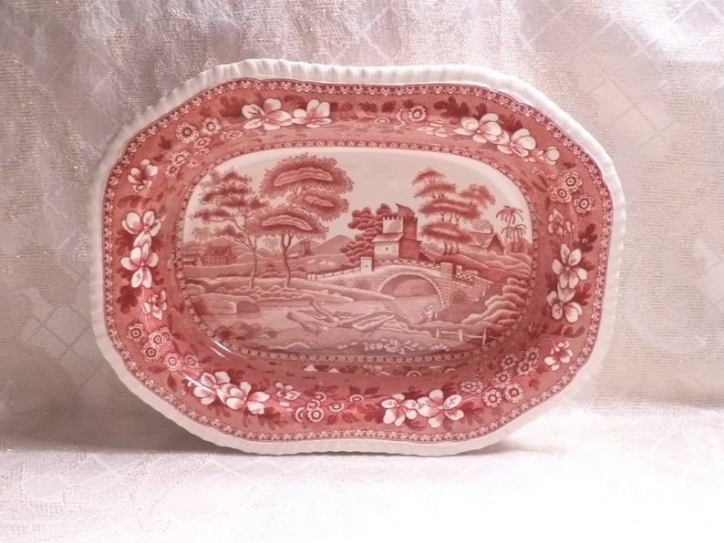 Spodes Tower Country Design Vintage Transferware Red Hallmark Dishware Red And White Rectangle Serving Bowl Always FREE Domestic SHIPPING image 4