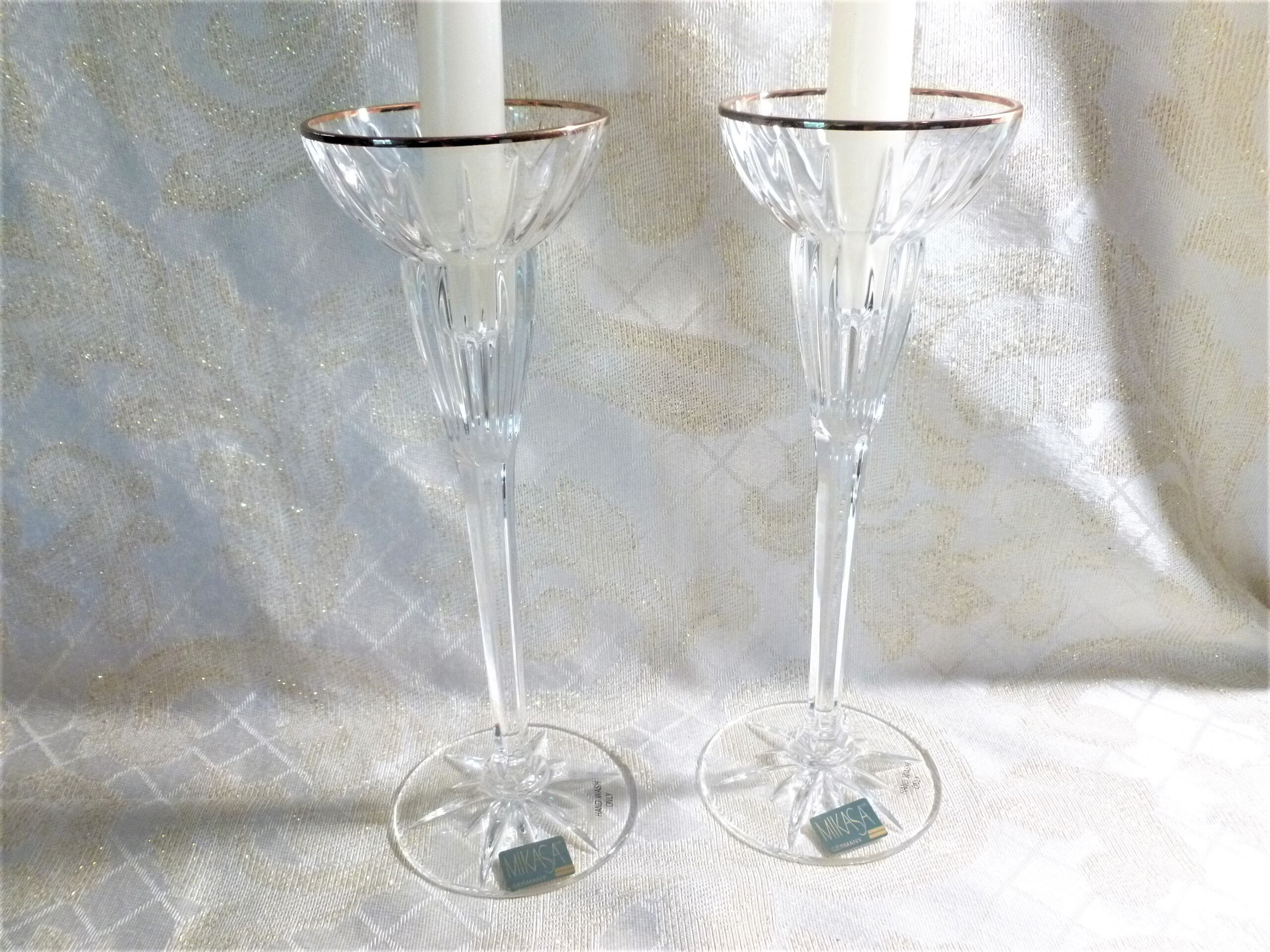 Vintage Mikasa Tall Cut Crystal Candlestick Holders Gold Trim Made In Germany Original Stickers Pretty Special Occasion And Wedding Decor