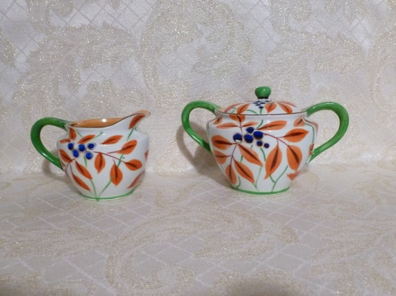 Vintage Gold Castle Chikusa Majolica Handpainted Creamer And Sugar Bowl Interesting Bright Display Always FREE Domestic SHIPPING