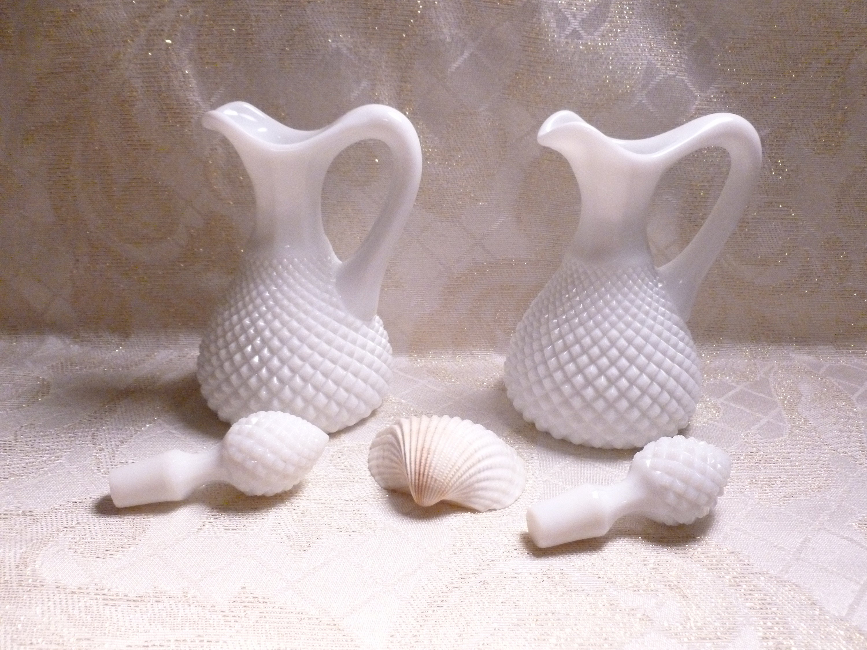 Westmoreland Diamond Point English Hobnail Cruets With Stoppers Wedding