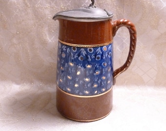 Jackfield Majolica Pitcher With Hinged Pewter Lid And Finial Blue Floral Beautiful Excellent Farmhouse Style  Always FREE Domestic SHIPPING