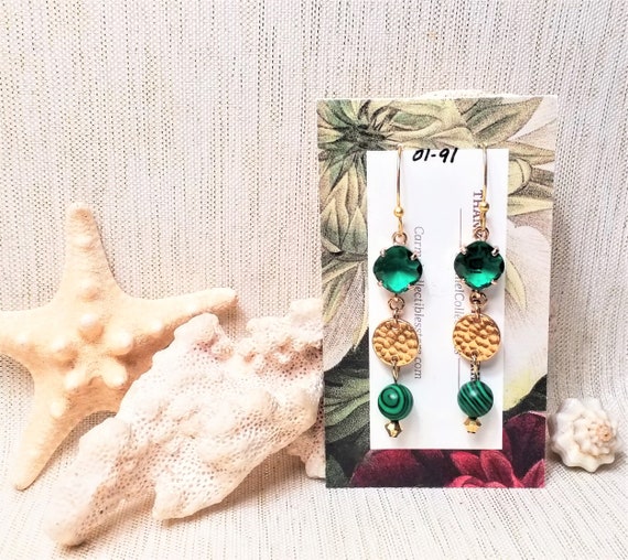 Emerald Green Crystal Dangle Earrings Malachite Beads Gold Plated Always FREE Domestic SHIPPING