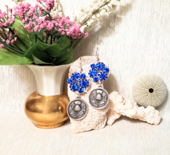 Earrings Handcrafted Beautiful Elegant Scottish Thistle Style With Royal Blue Rhinestones Always FREE Domestic SHIPPING