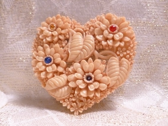 Vintage Heart Brooch Pretty Detailed Intricate Floral And Leaf Design With Colorful Rhinestones Exceptional Gift FREE Domestic SHIPPING