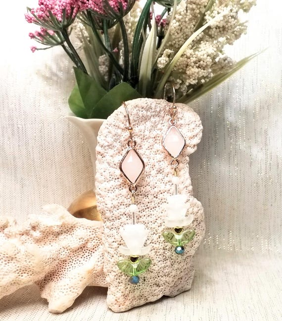 Earrings Handcrafted Beautiful Elegant Style With Pretty Czech Glass Flowers Crystals Tiny Golden Hearts Always FREE Domestic SHIPPING