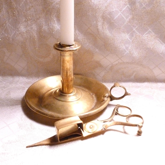 Farmhouse Style Antique Candlestick Holder And Snuffer Scissors Both Collectible Antique Brass Aways FREE Domestic SHIPPING