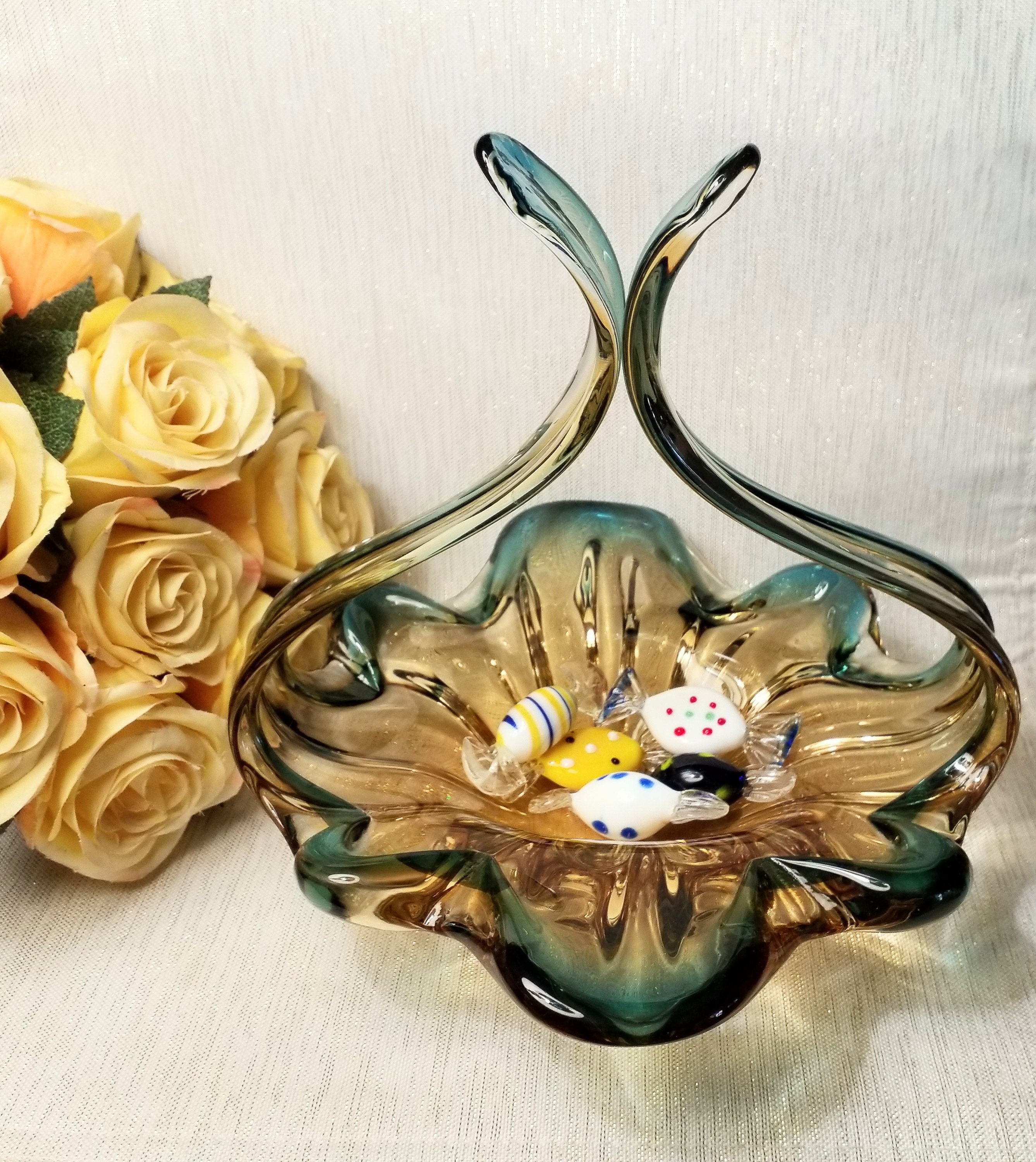 Murano Glass Sommerso Basket Candy Dish 1960s 5 Pieces Murano Candy