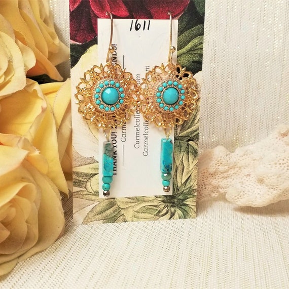 Earrings  Handcrafted With Filigree And Turquoise Color Crystals And Stones Buy Any 2 Pair Get Third Pair Free Always FREE Domestic SHIPPING