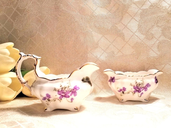Hammersley Bone China Beautiful Victorian Violets Creamer And Matching Sugar Bowl Set Made In England Always FREE Domestic SHIPPING