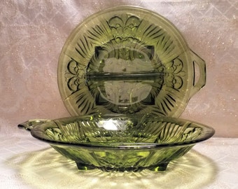 Avacado Green Glass Relish Dishes Set Of Two Beautiful Design Exceptional Display Set Of Two Matching Dishes FREE Domestic SHIPPING