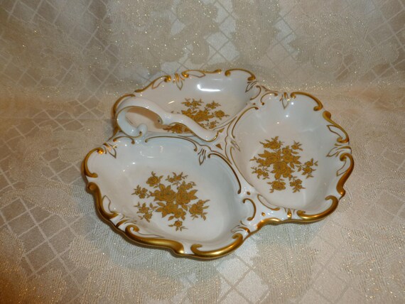 JL Menau Graf von Henneberg East Germany Three Part Relish Or Candy Dish Beautiful White Dish Ornate Gold Floral FREE Domestic SHIPPING