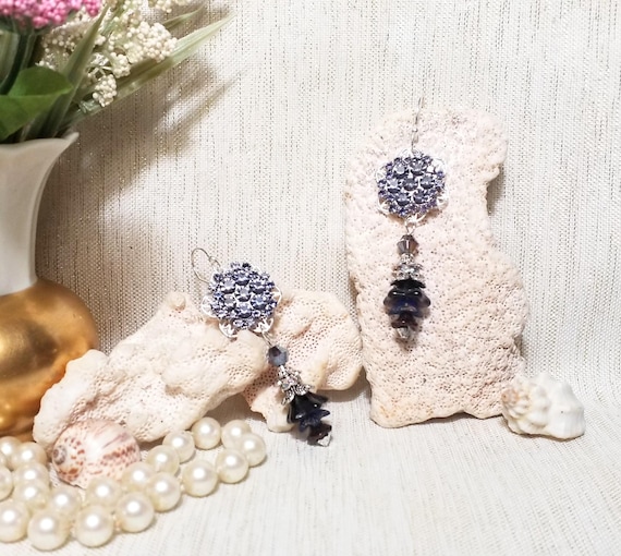Handcrafted Earrings Beautiful Style Light Purple Rhinestones With Dark Purple Czech Flowers Excellent Accessory FREE Domestic SHIPPING