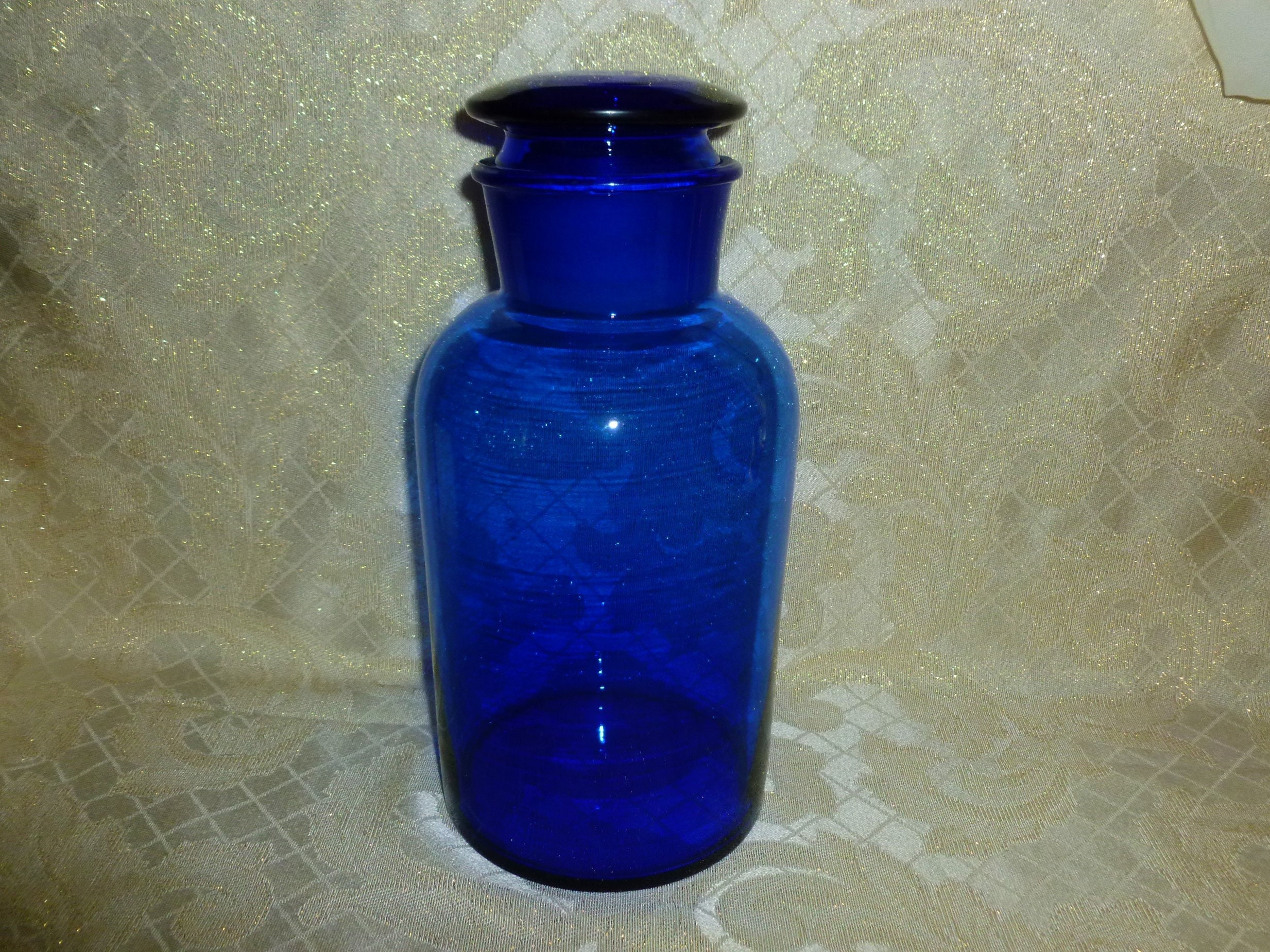 Cobalt Blue Glass Large Apothecary Jar With Large Stopper Lid Vintage Collectible Cobalt Glass