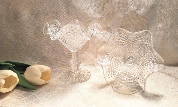 Vintage Ivima Glass Compote Diamond Point Ruffled Rim Portugal Always FREE Domestic SHIPPING