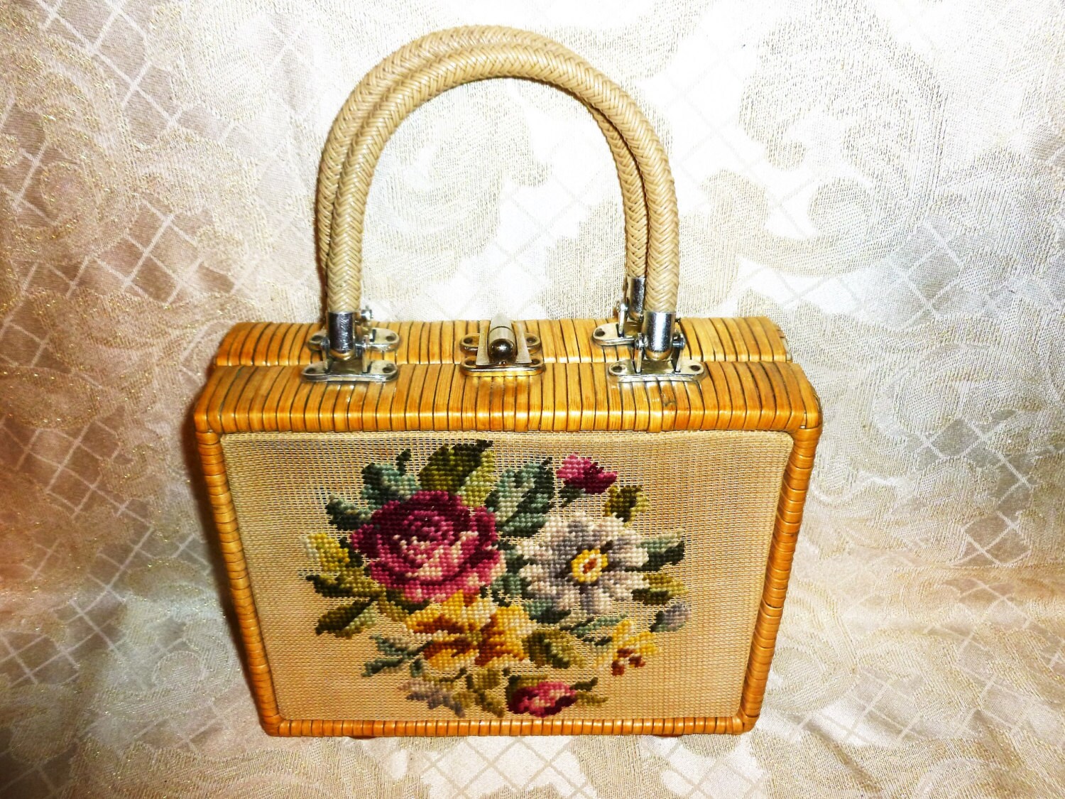 Needlepoint Straw Purse Vintage 1962 Very Clean Beautiful Display