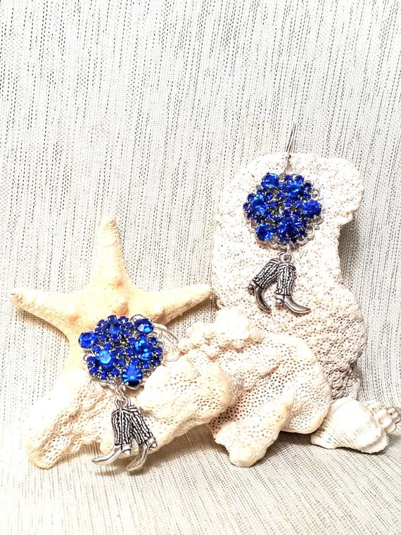 Earrings Handcrafted Artisan By Carmel Collectibles Beautiful Royal Blue Country Style With Cute Boot Detail Always FREE Domestic SHIPPING