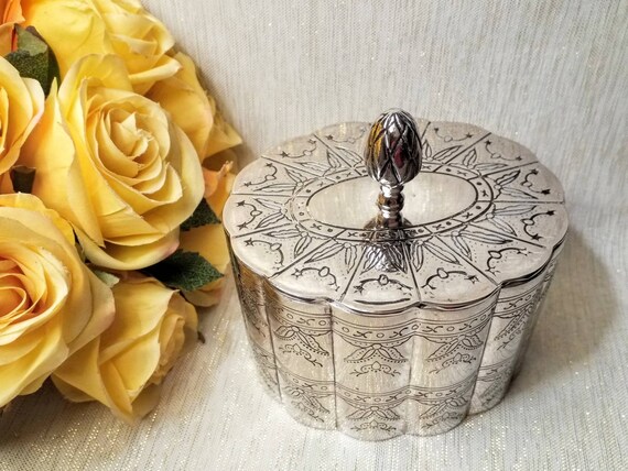 Jewelry Box With Lid Godinger Silverplated Etched Design And Burgundy Velvet Lining Exceptional Vintage Gift Always FREE Domestic SHIPPING