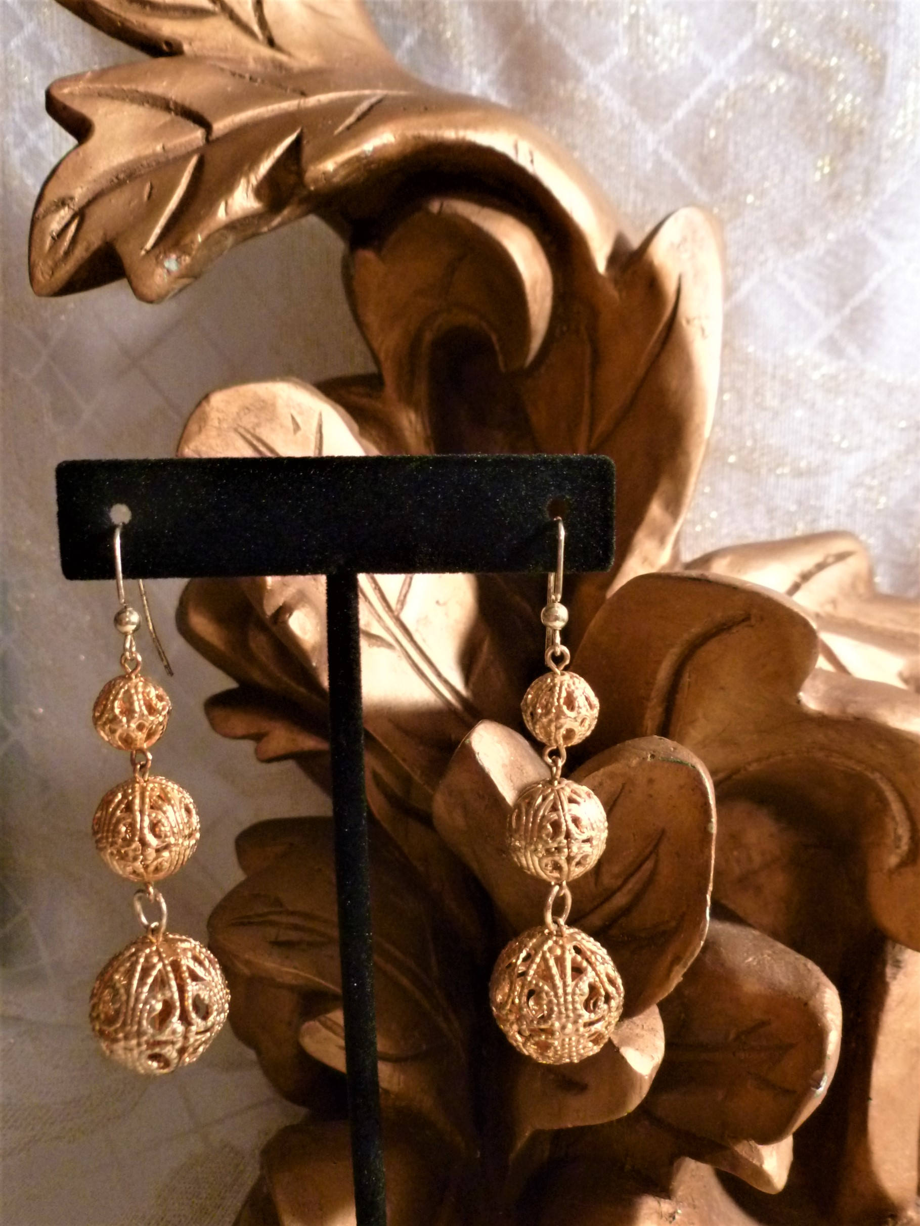 Beautiful Intricate Golden Filigree Sphere Earrings Graduating Size