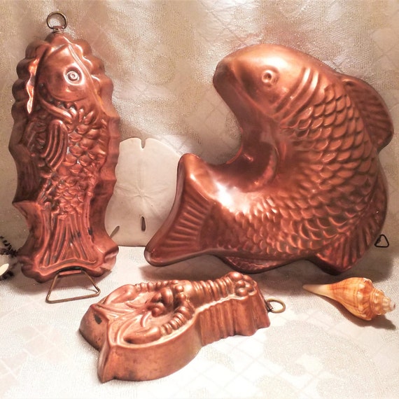 Vintage Copper Fish Set And Crustacean Solid Copper Tin Lined Rich Copper Color With Patina Nautical Decor Always FREE Domestic SHIPPING