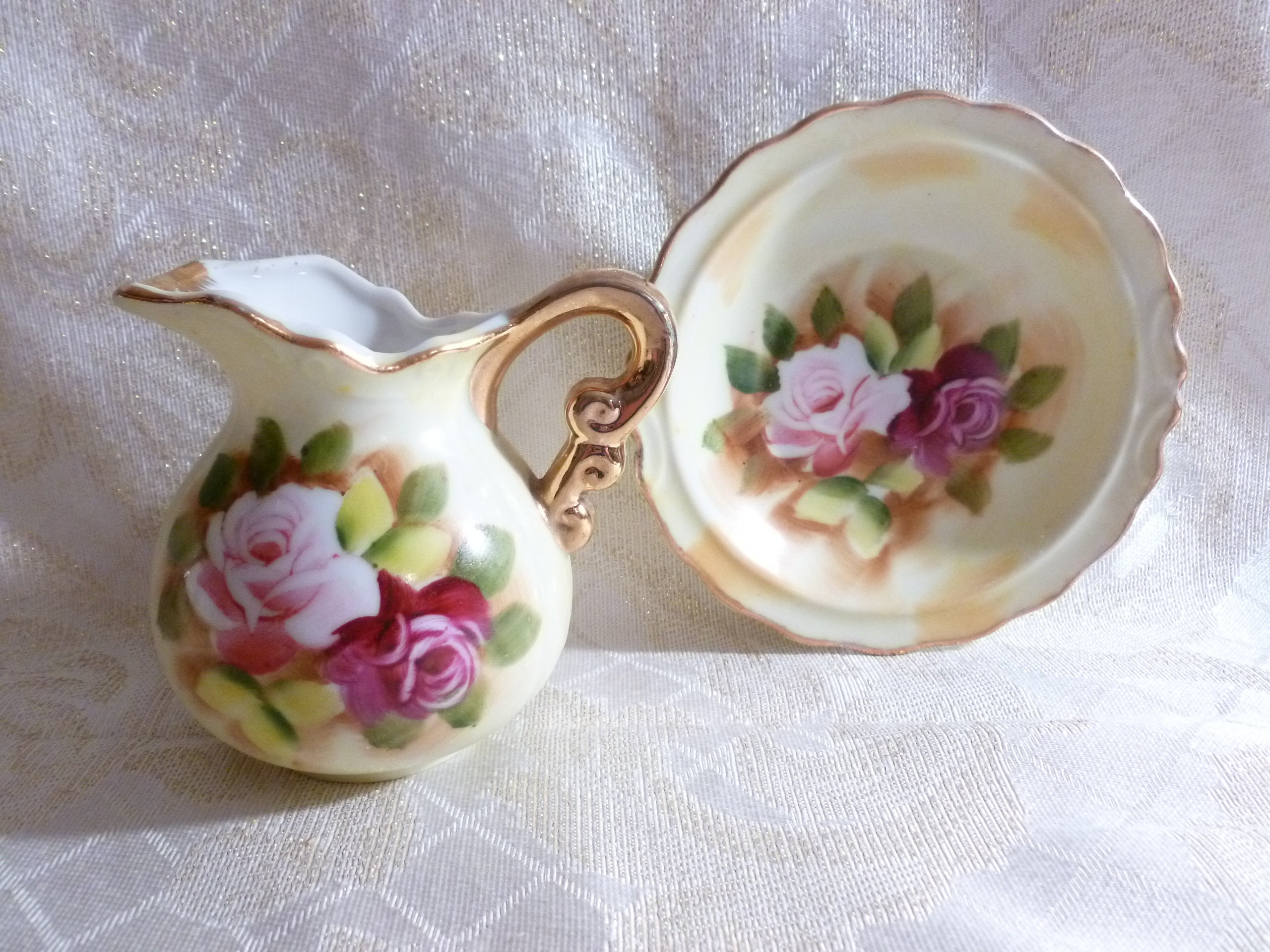 Vintage Enesco Porcelain Small Pitcher With Matching Saucer Elegant