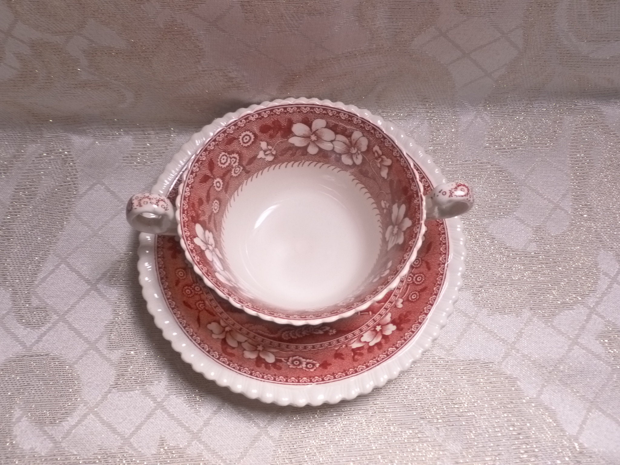 Spode Copeland Red And White Fine China Spodes Tower Pattern Cream Soup